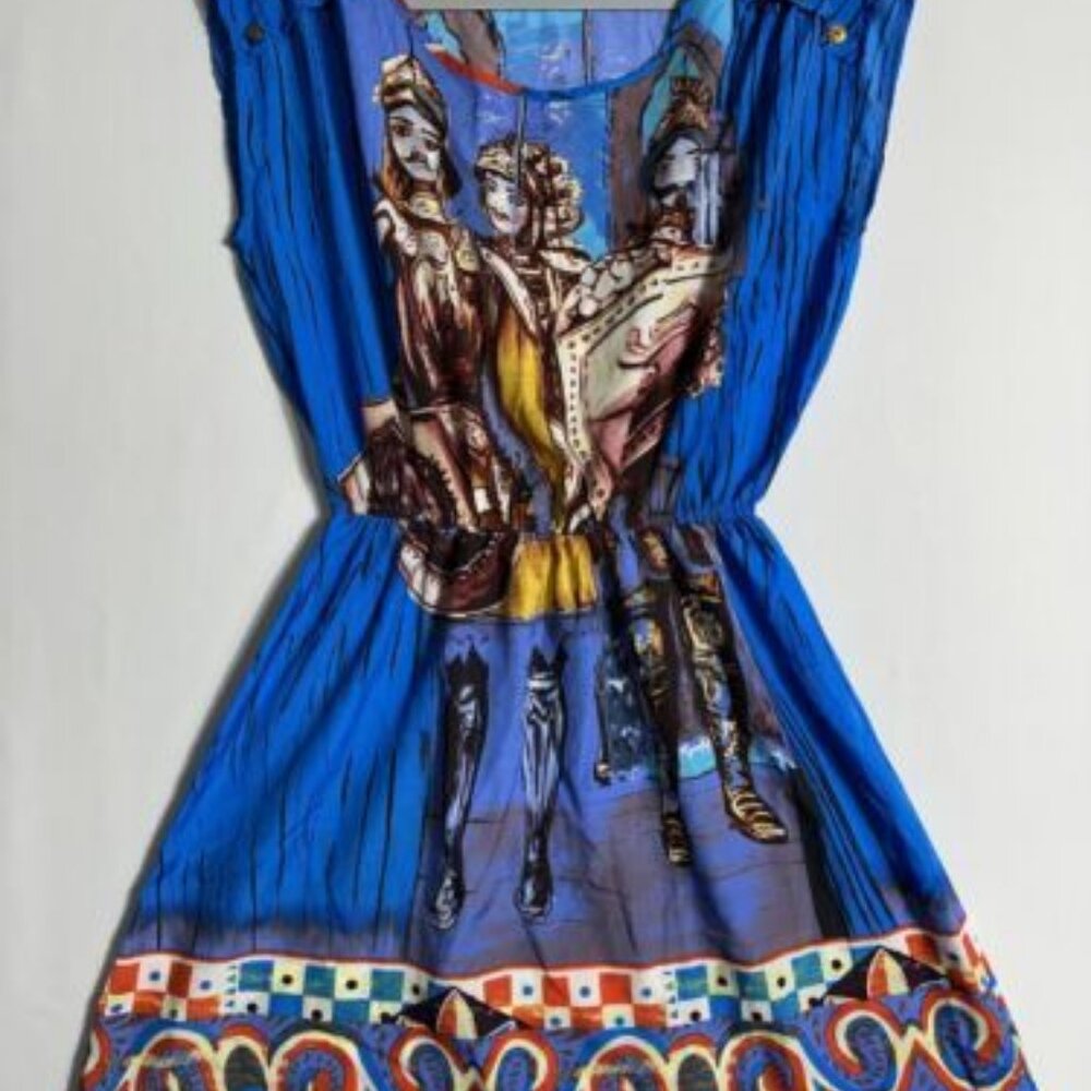 Grifflin Paris Printed Blue Dress Women's Medium Sleeveless Knee Length EUC